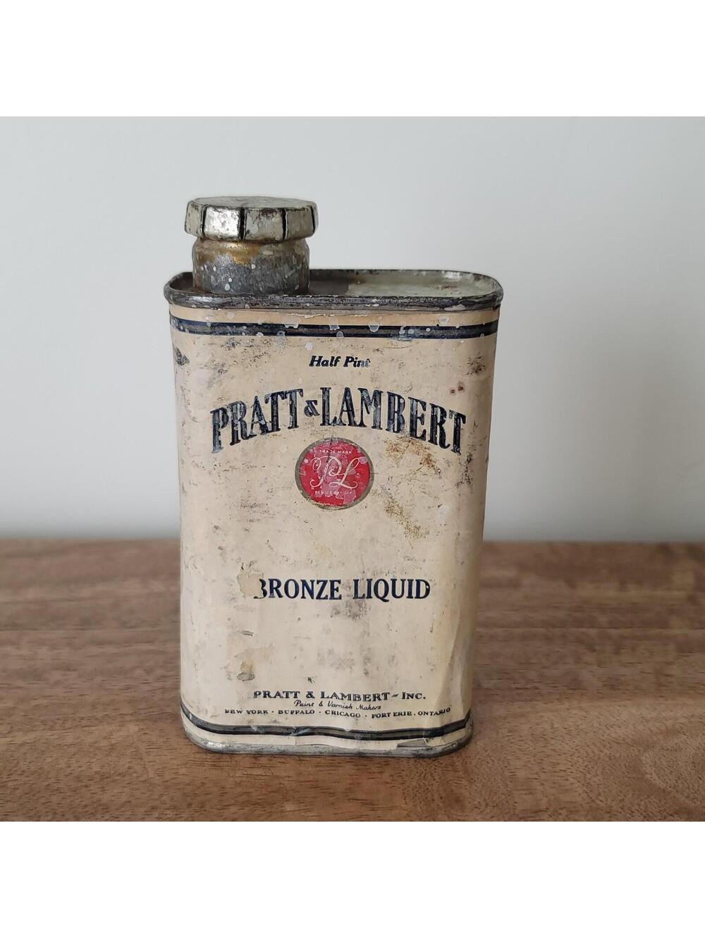 Vintage Pratt & Lambert Bronze Liquid Half Pint Can w/Contents Industrial Adver